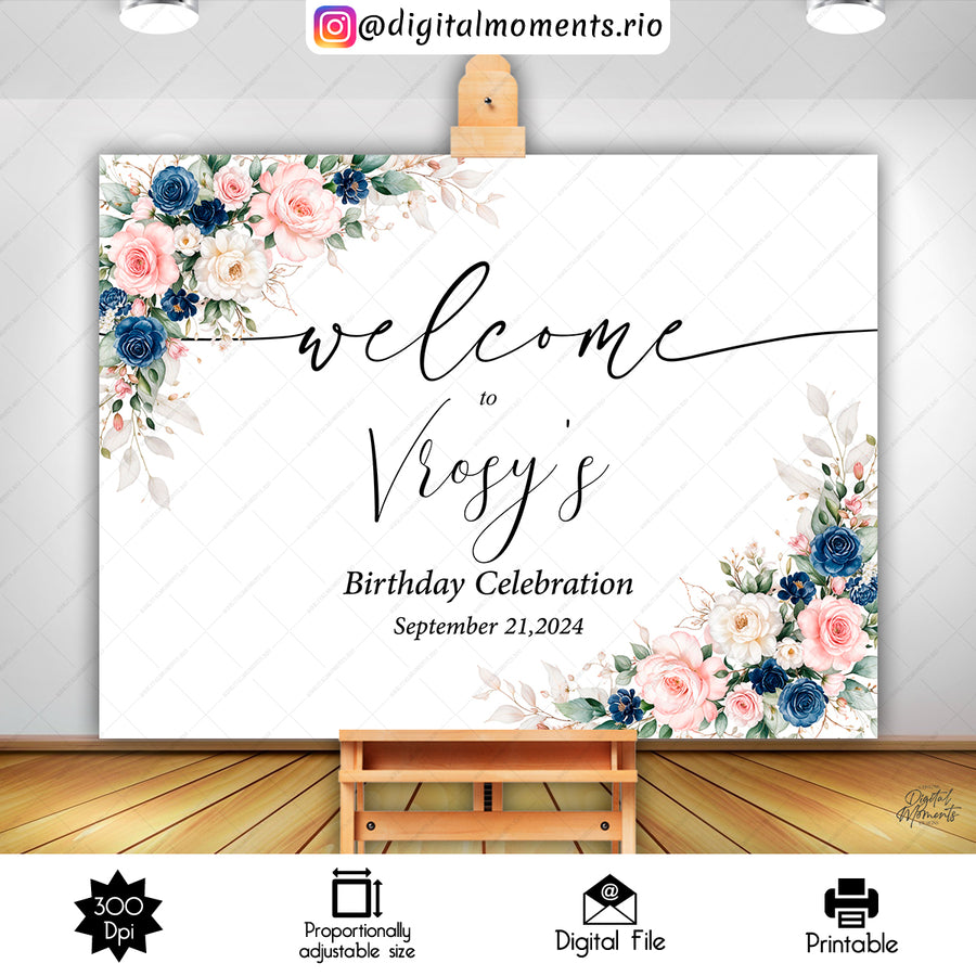 Navy Blush Floral 36x24 Welcome Sign Custom Design, Digital file only | Custom Digital Download for Kids Party or Event