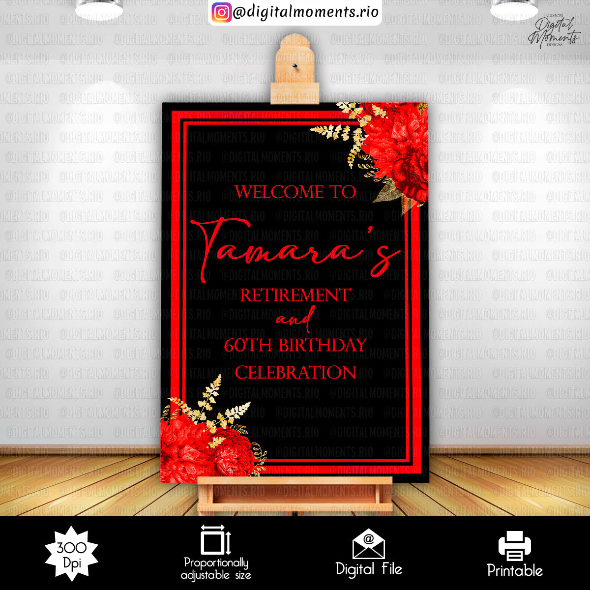 Floral Red and Gold - Welcome Sign - Birthday