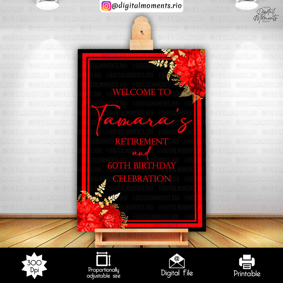 Floral Red and Gold 24x36 Birthday Welcome Sign Custom Design, Digital file only | Custom Digital Download for Kids Party or Event