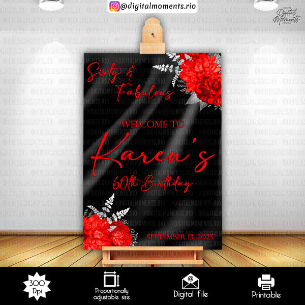 Floral Red and Silver - Welcome Sign - Birthday