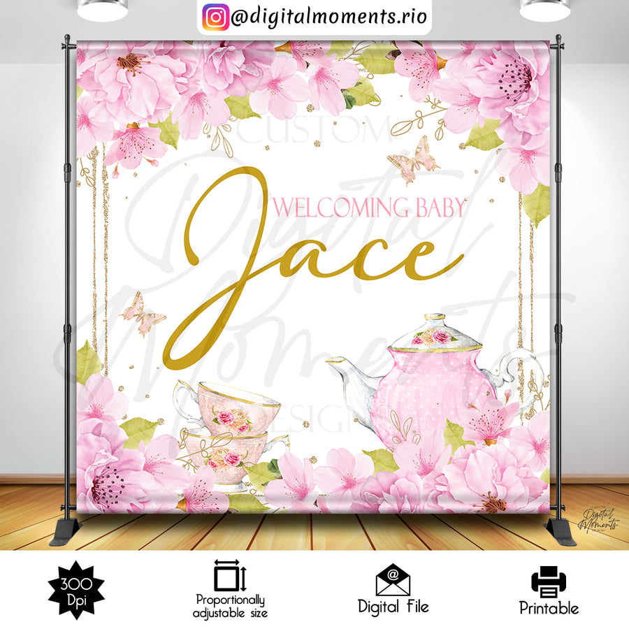 Tea Party Floral 8x8 Custom Backdrop, Digital file only | Custom Digital Download for Kids Party or Event