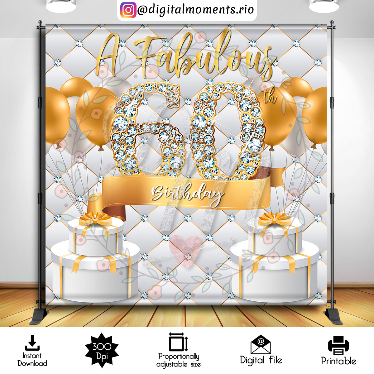 A Fabulous 60th 8x8 Digital Backdrop Design, Instant Download