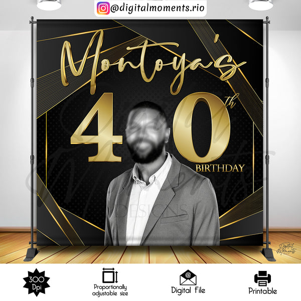 Black and Gold Birthday 8x8 Custom Backdrop with picture, Custom Digital File | Digital Download for Events for Events. 8x8, and, arts, back…