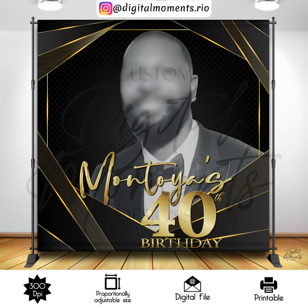 Black and Gold Birthday 8x8 Custom Backdrop with picture, Custom Digital File | Digital Download for Events for Events. 8x8, and, arts, back…