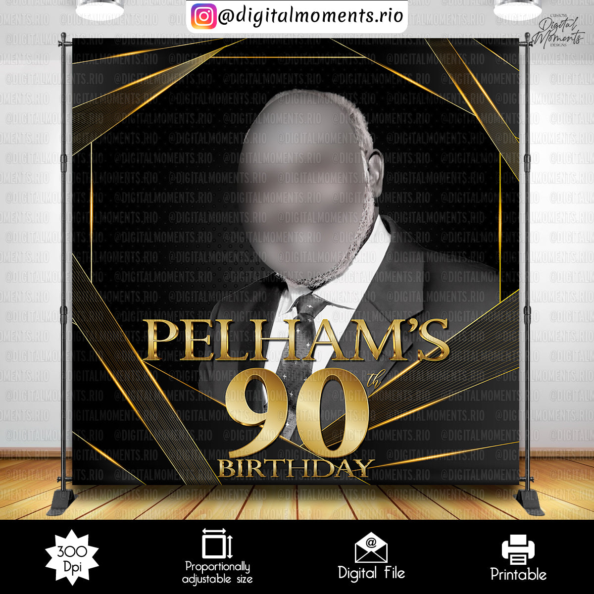 Black and Gold Birthday 8x8 Custom Backdrop with picture, Custom Digital File | Digital Download for Events for Events