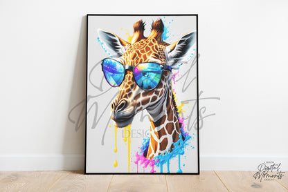 Jirafa con gafas de sol Cartel, Splash Art, Arte de pared - DESCARGA INSTANTE