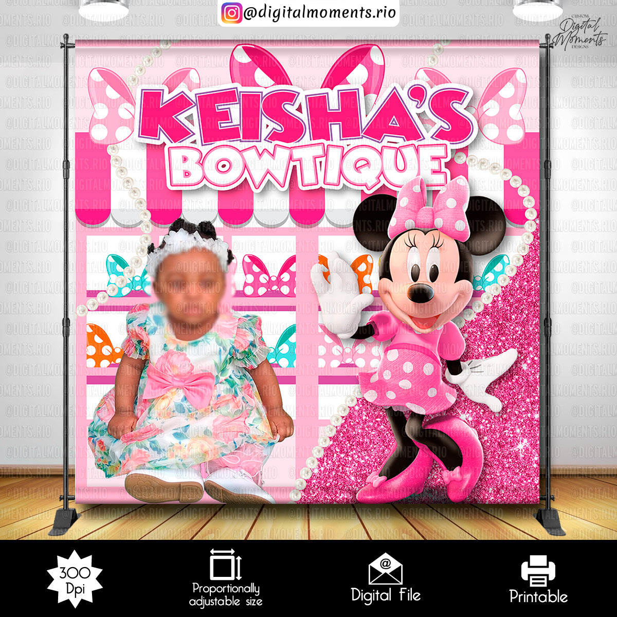 Minnie Mouse Bowtique 8x8 Custom Backdrop, Custom Digital File | Digital Download for Events
