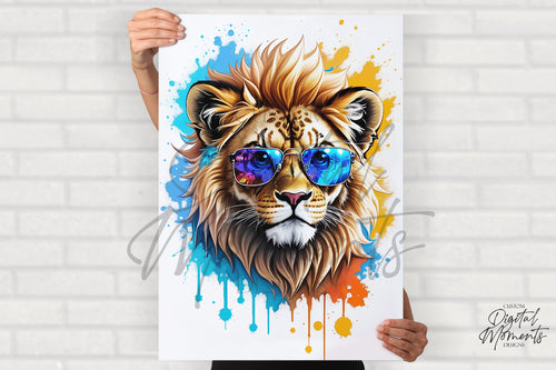 Lion with sunglasses Poster, Splash Art, Wall Art - INSTANT DOWNLOAD