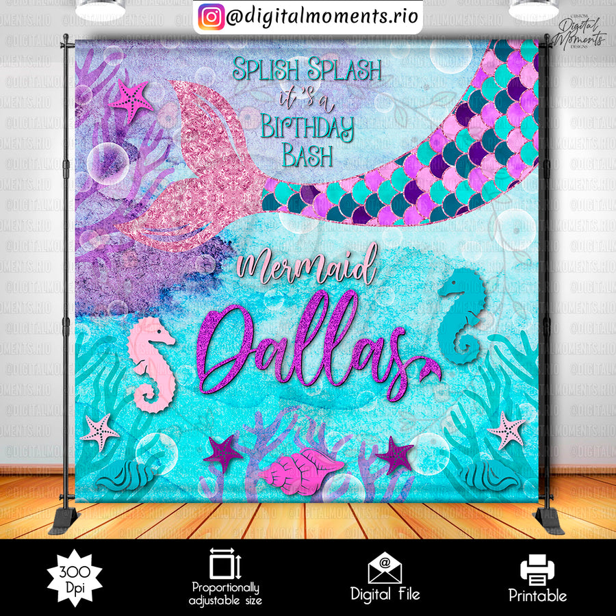 Mermaid 8x8 Custom backdrop, Digital file only | Custom Digital Download for Kids Party or Event