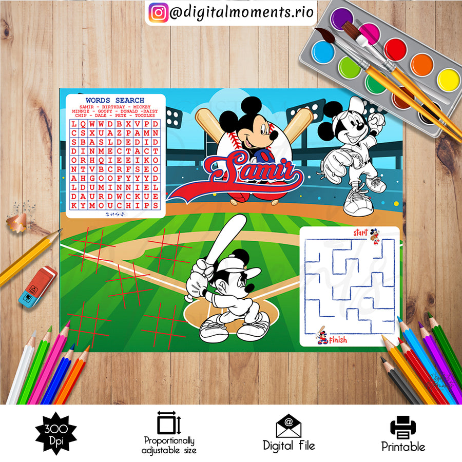 Mickey Baseball Activity Sheet Custom Design, DIGITAL FILE ONLY | Custom Digital Download for Kids Party or Event