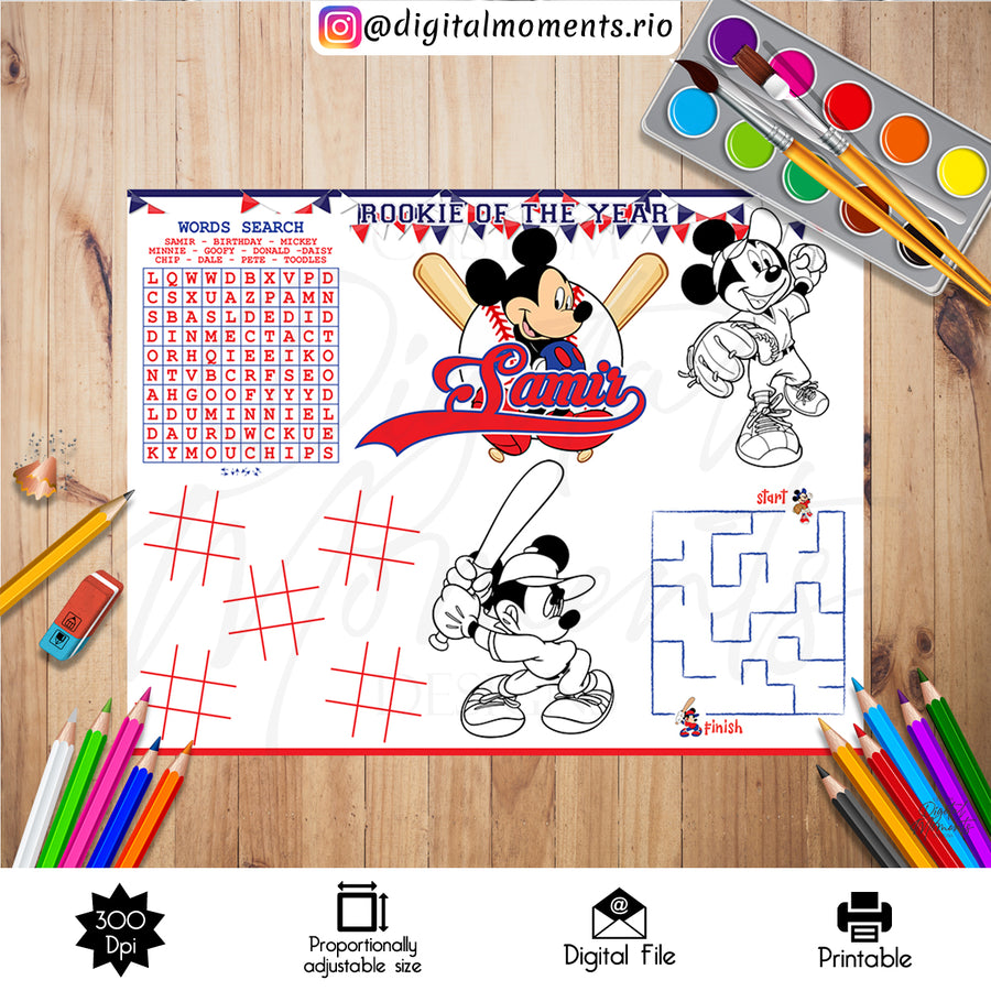 Mickey Baseball Activity Sheet Custom Design, DIGITAL FILE ONLY | Custom Digital Download for Kids Party or Event