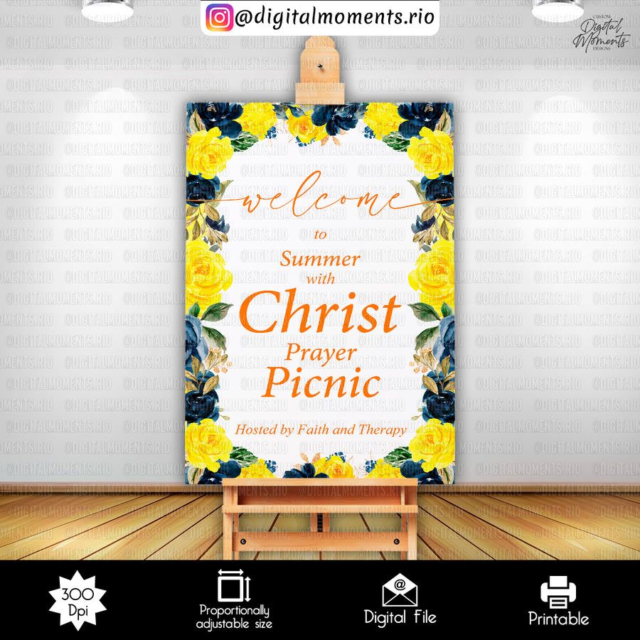 Navy Blue and Yellow Floral 24x36 Graduation Welcome Sign Custom Design, Digital file only | Custom Digital Download for Kids Party or Event