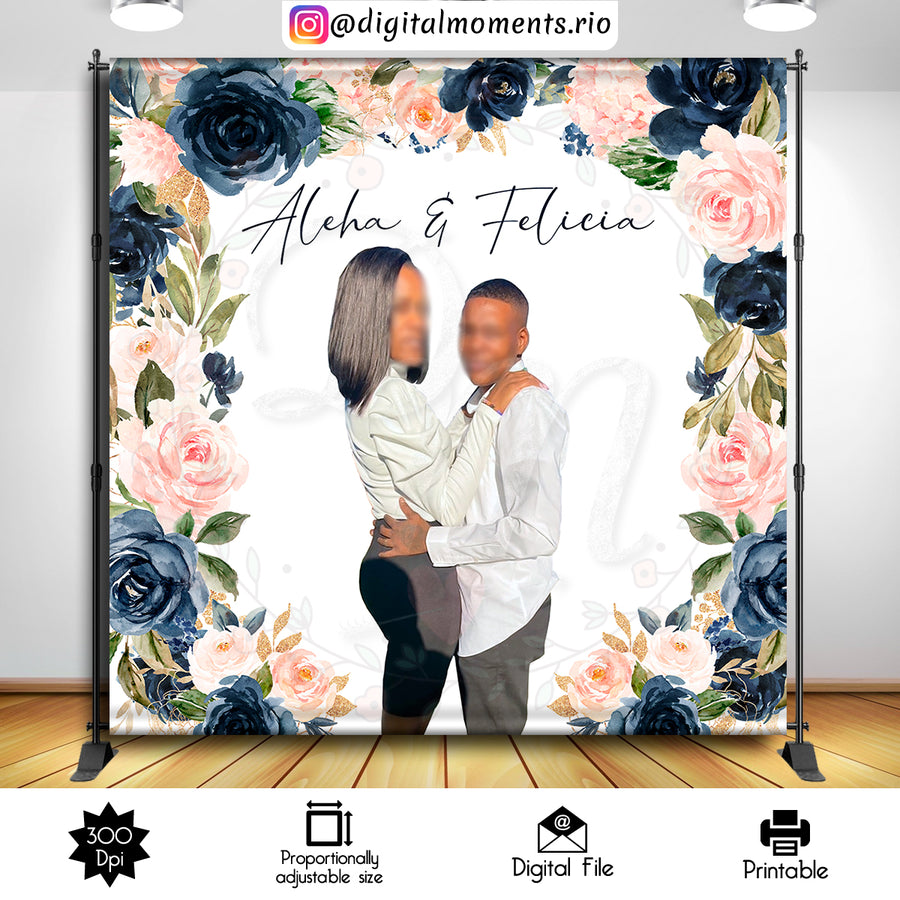 Navy Blue and Blush flowers 8x8 Custom Backdrop with 1 picture, Digital file only | Custom Digital Download for Kids Party or Event