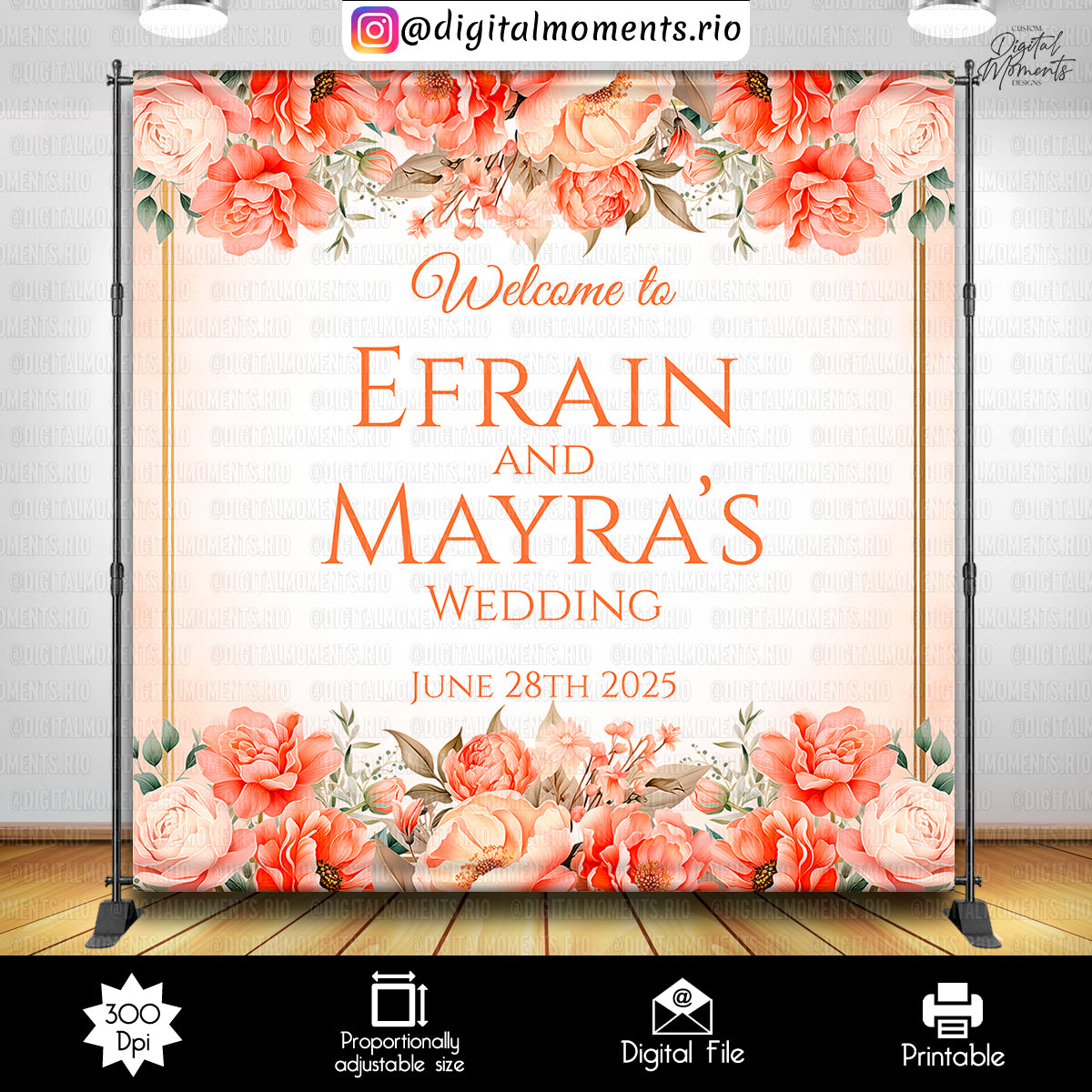 Orange Floral 8x8, wedding, events, custom, floral, 8x8, backdrop
