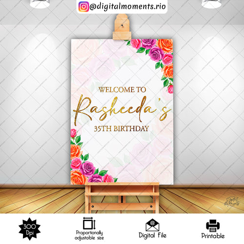 Orange Purple Rasheeda 18x24 Shadow, orange, welcome, events, pink, custom, purple, 24x36, floral, sign, design