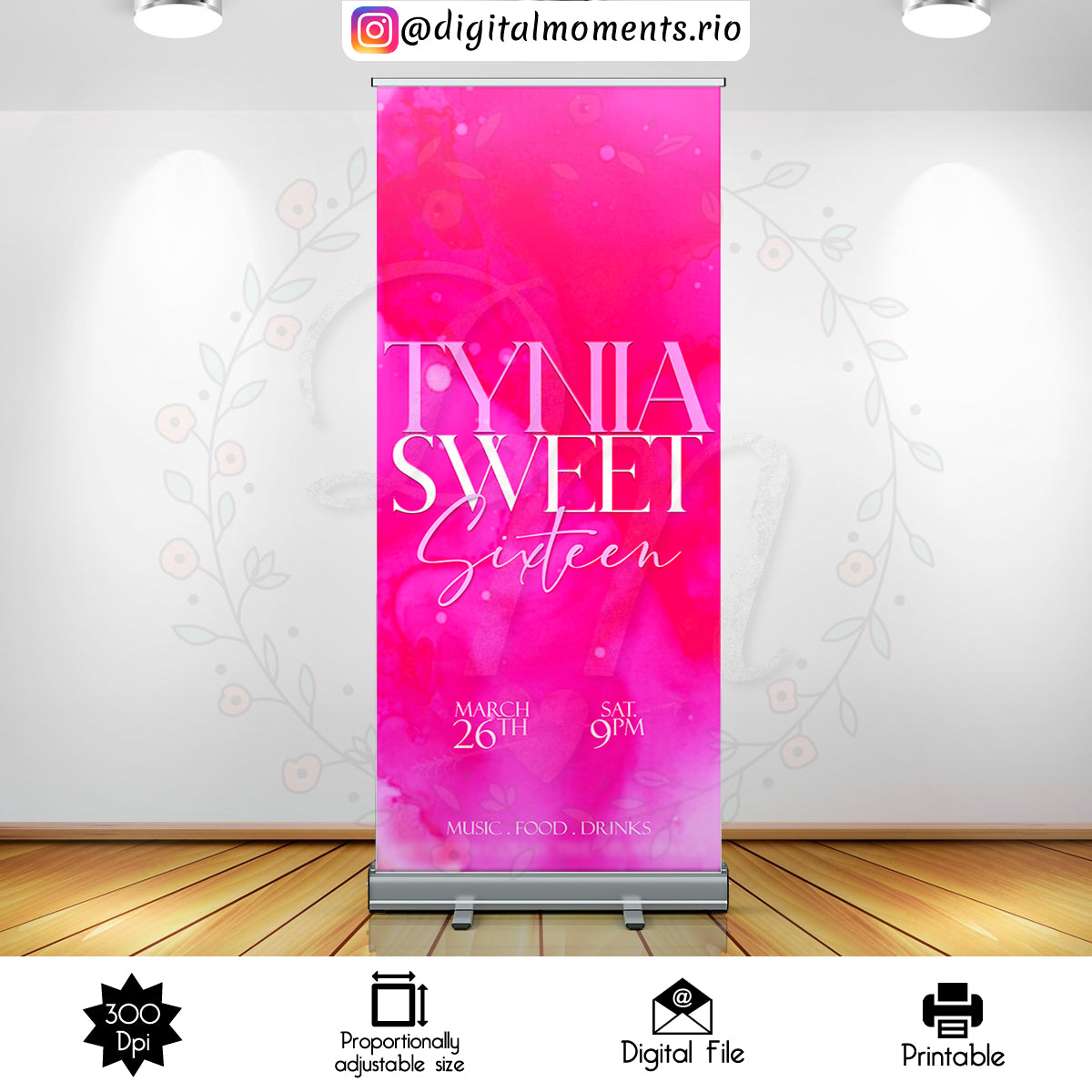 Shades of Pink Sweet Sixteen Retractable Banner diseño personalizado, SOLO ARCHIVO DIGITAL