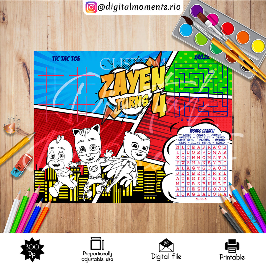 PJ Mask Activity Sheet Custom Design, DIGITAL FILE ONLY | Custom Digital Download for Kids Party or Event