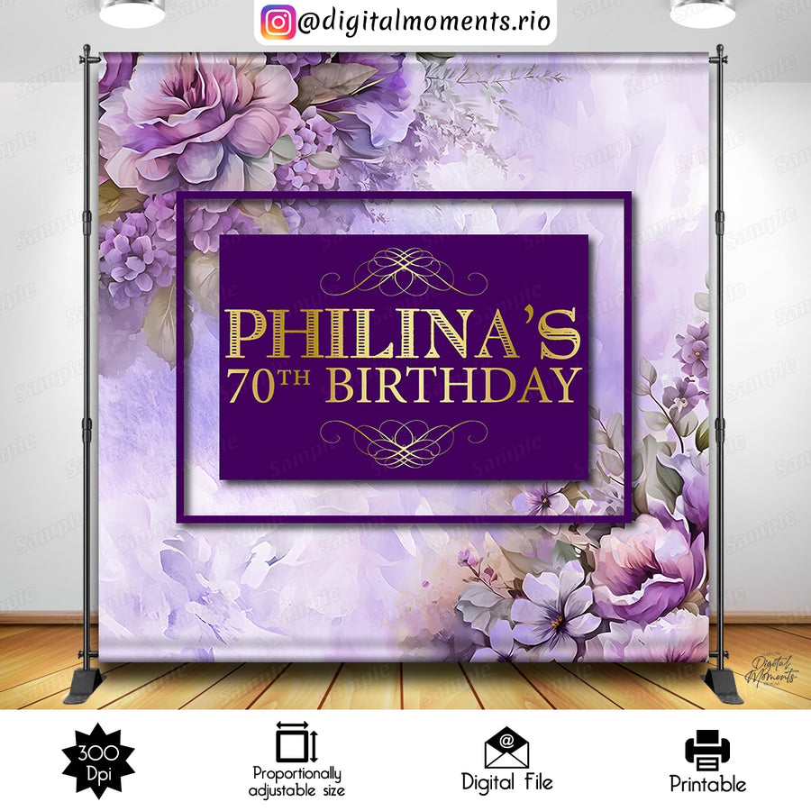 Purple Floral 70th Birthday  8x8 Custom Backdrop Design, Digital file only | Custom Digital Download for Kids Party or Event