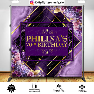 Purple Marble Floral 70th - Backdrop - Birthday