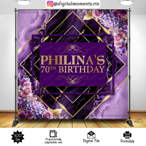 Purple Marble Philina 8x8, events, custom, marble, purple, floral, 70th, birthday, 8x8, backdrop, design