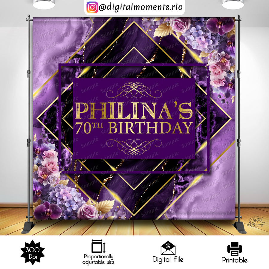 Purple Marble Floral 70th Birthday  8x8 Custom Backdrop Design, Digital file only | Custom Digital Download for Kids Party or Event