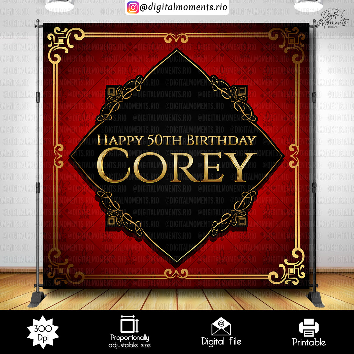 Black, Red and Gold 8x8 50th Birthday Custom Backdrop, Custom Digital File | Digital Download for Events. 50th, 8x8, arts, backdrop, backdro…