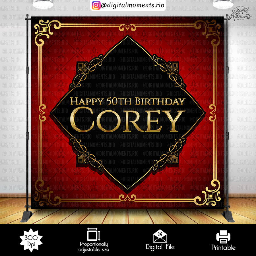 Black, Red and Gold 8x8 50th Birthday Custom Backdrop, Digital file only | Custom Digital Download
