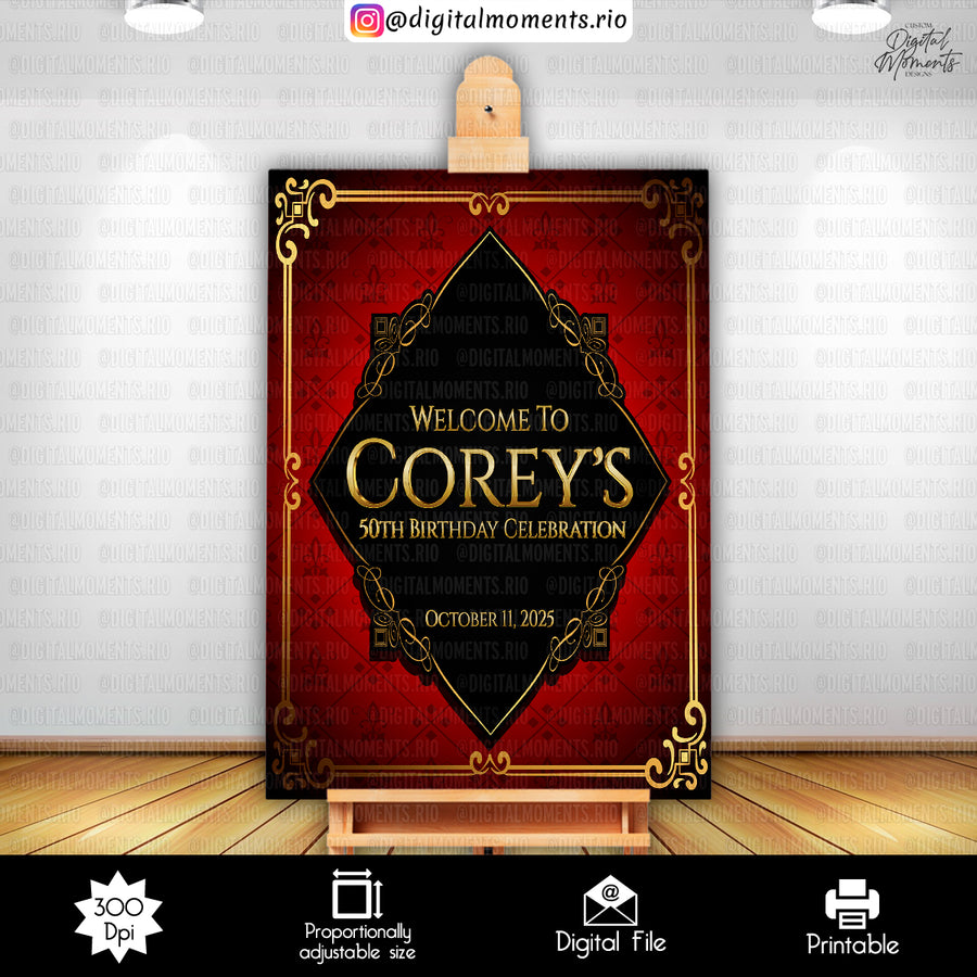 Black, red and gold 24x36 Birthday Welcome Sign Custom Design, Digital file only | Custom Digital Download for Kids Party or Event