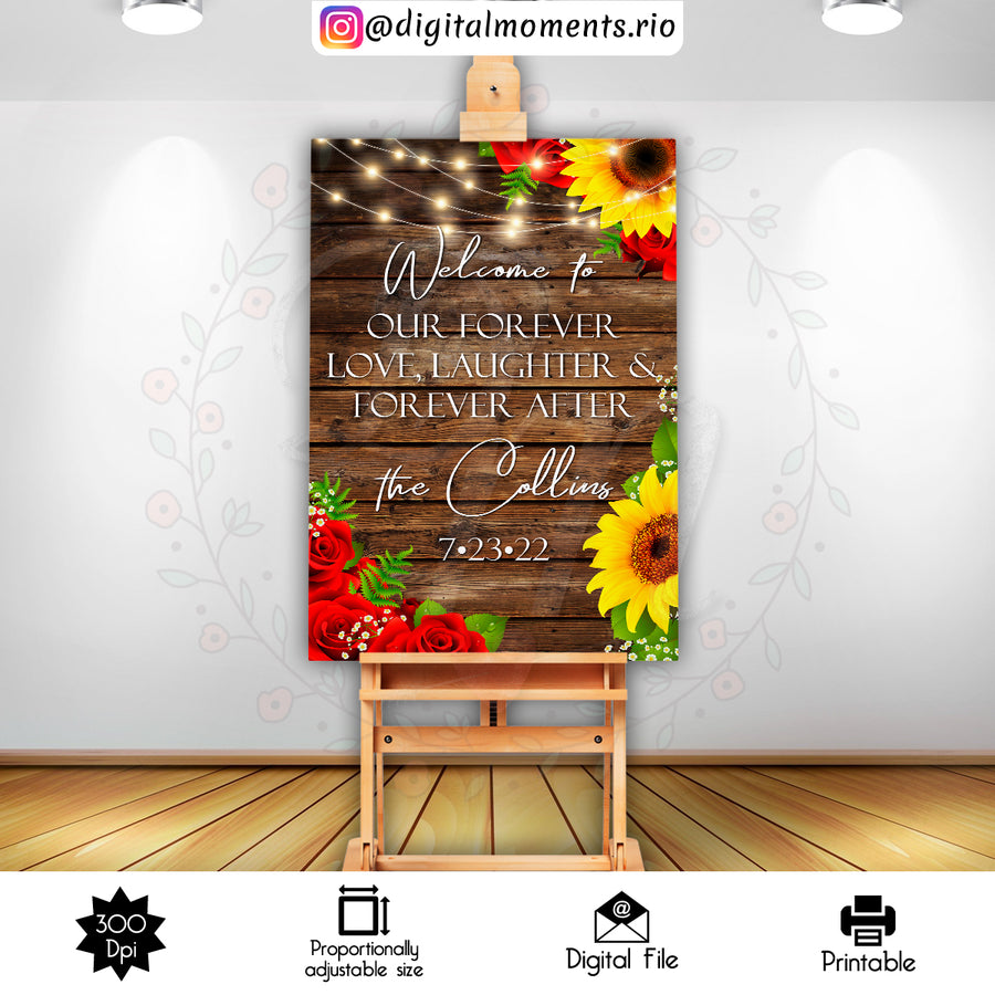 Roses and Sunflowers Floral 24x36 Welcome Sign Custom Design, Digital file only | Custom Digital Download for Kids Party or Event