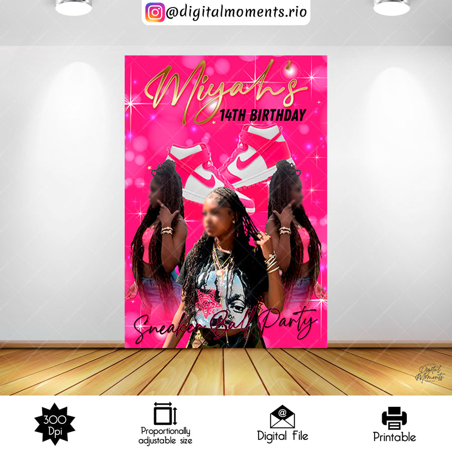 Pink Sneaker Ball 5x7 Birthday Custom Backdrop, Digital file only | Custom Digital Download for Kids Party or Event