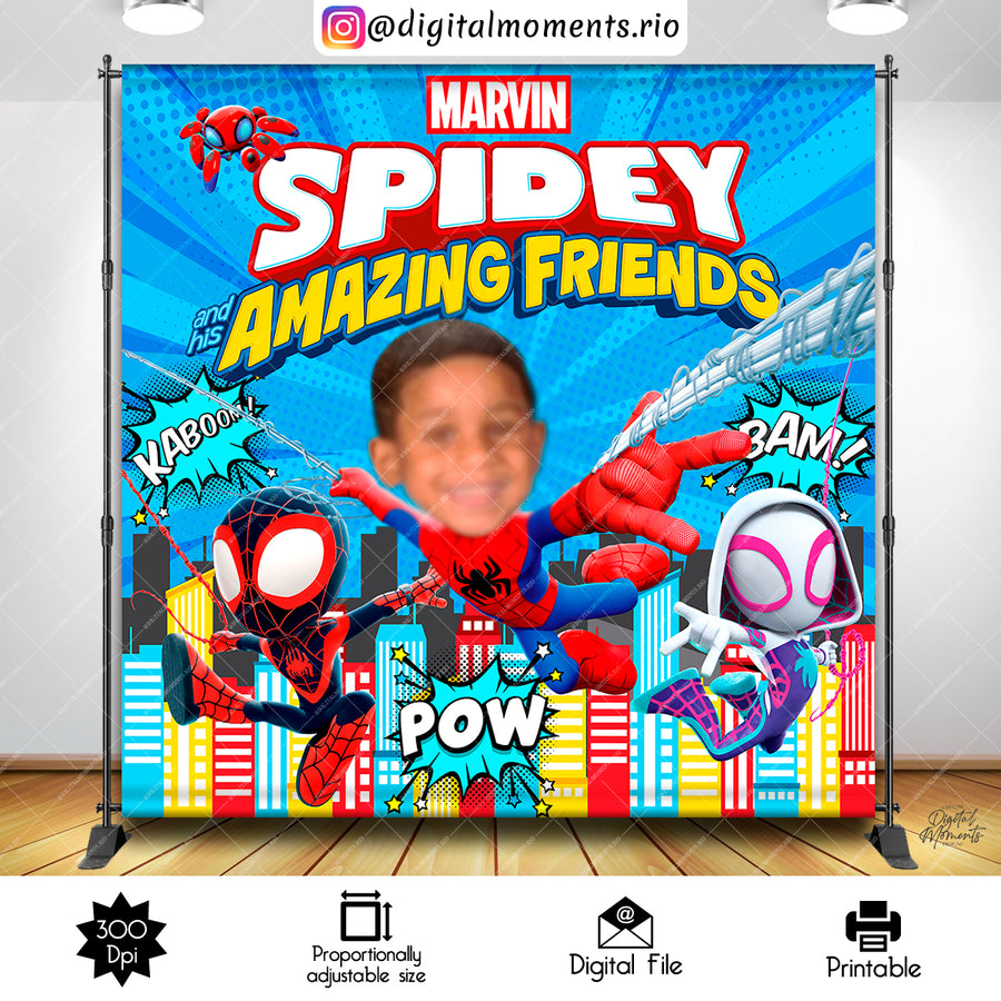 Spidey and Friends 8x8 Custom Backdrop with picture, Digital file only | Custom Digital Download for Kids Party or Event