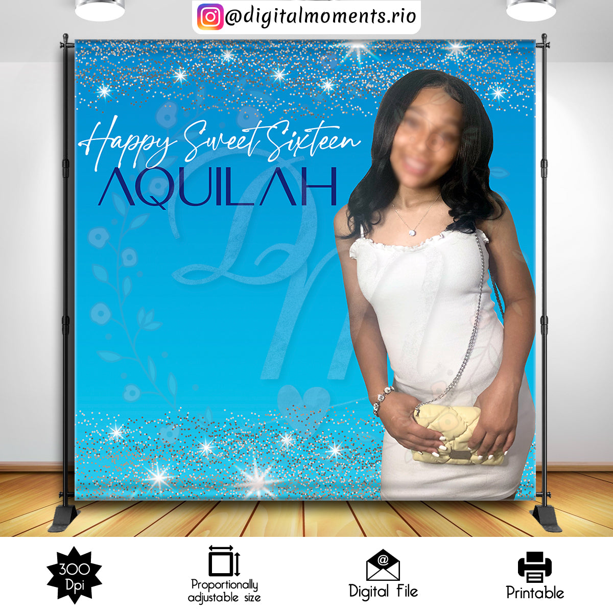 Fondo personalizado azul y plateado Sweet Sixteen 8x8 con 1 imagen, SOLO ARCHIVO DIGITAL