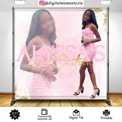 Sweet 16 Alyssa 8x8, events, sixteen, pink, sweet, custom, picture, 8x8, gold, backdrop