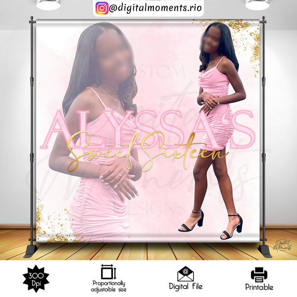 Pink and Gold Sweet Sixteen 8x8 Custom Backdrop with 1 picture, DIGITAL FILE ONLY | Digital Download for Events for Events. 1, 8x8, and, art…
