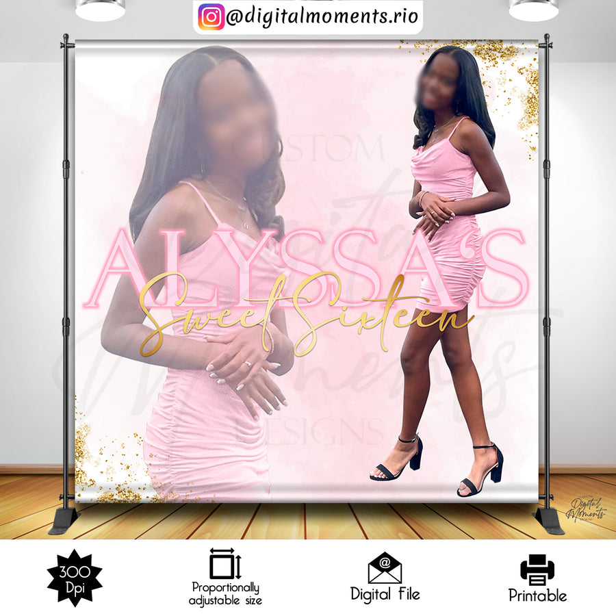 Pink and Gold Sweet Sixteen 8x8 Custom Backdrop with 1 picture, DIGITAL FILE ONLY | Custom Digital Download for Kids Party or Event