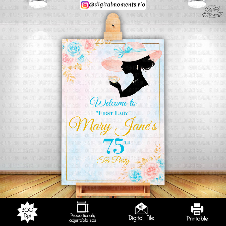 Floral Tea Party 24x36 Birthday Welcome Sign Custom Design, Digital file only | Custom Digital Download for Kids Party or Event