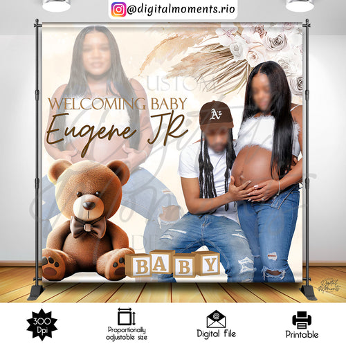 Boho Teddy Bear Baby Shower 8x8 Custom Backdrop with picture, Digital file only