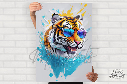 Tiger with sunglasses Poster, Splash Art, Wall Art - INSTANT DOWNLOAD