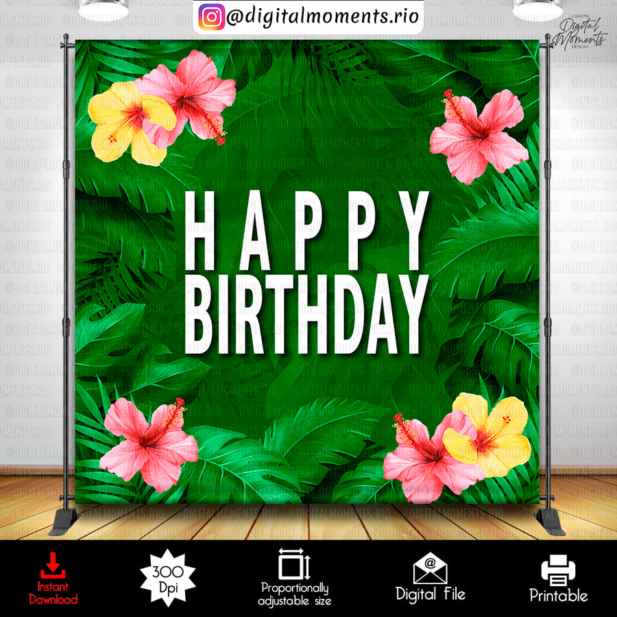 Tropical Happy Birthday 8x8 Digital Backdrop Design, Instant Download