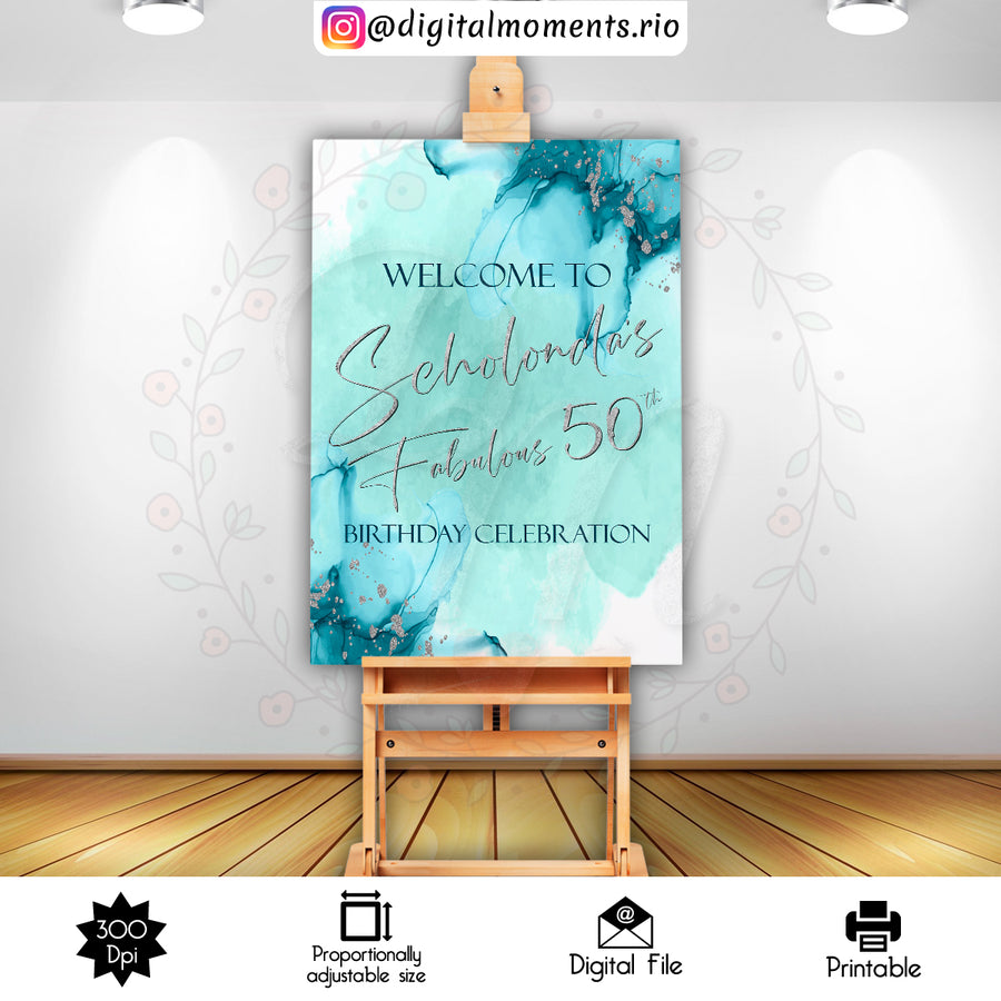 Turquoise and Silver 24x36 Welcome Sign Custom Design, Digital file only | Custom Digital Download for Kids Party or Event