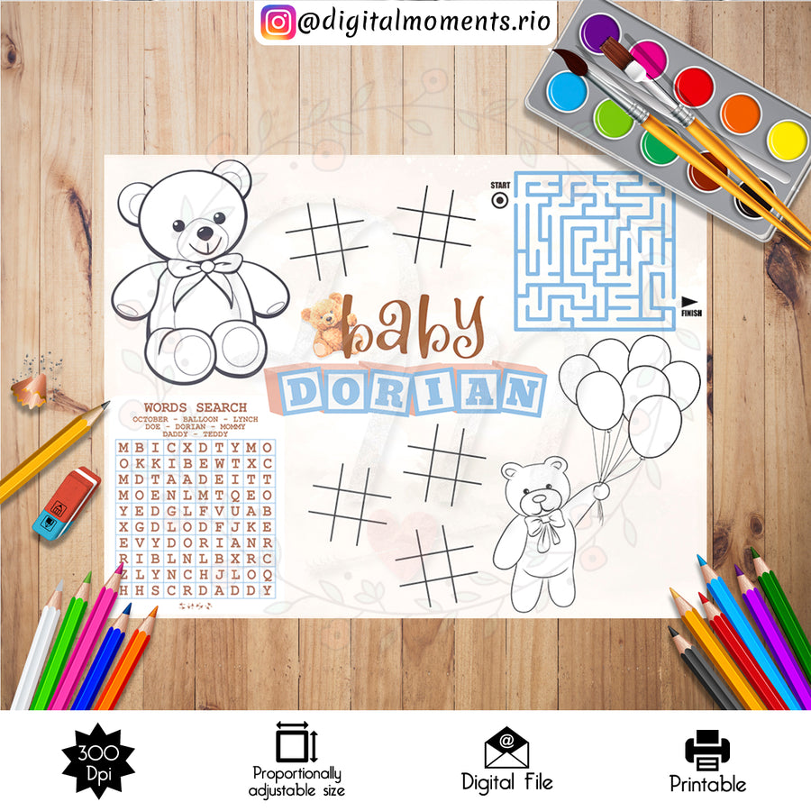 Teddy Bear Activity Sheet Custom Design, DIGITAL FILE ONLY | Custom Digital Download for Kids Party or Event