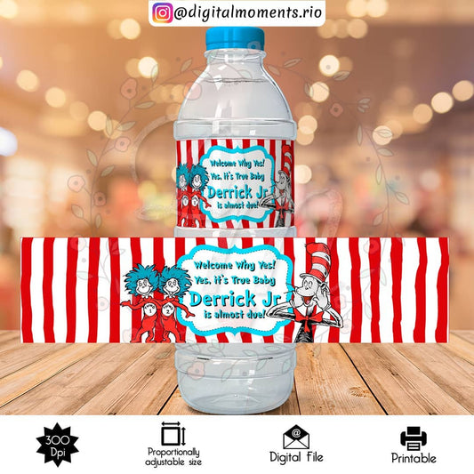 La etiqueta de botella de agua personalizada Cat in the Hat, solo archivo digital