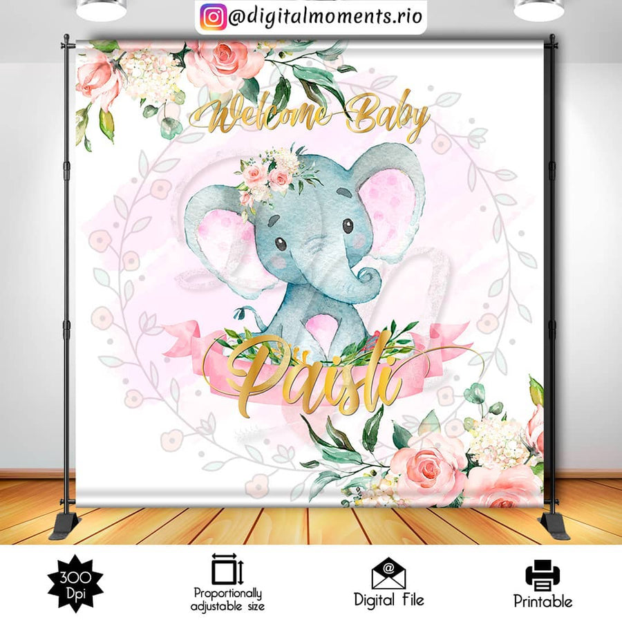 Baby Elephant, Floral 8x8 Custom Backdrop, Digital file only | Custom Digital Download for Kids Party or Event