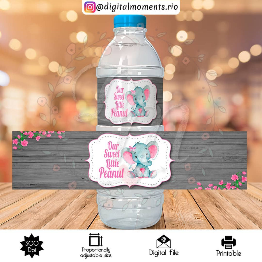 Baby Elephant Custom Water Bottle Label, Digital file only | Custom Digital Download for Kids Party or Event