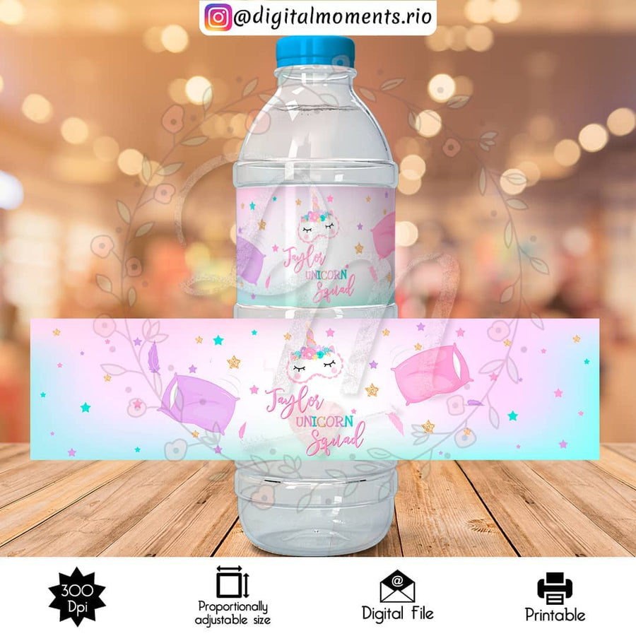 Unicorn Sleepover Custom Water Bottle Label, Digital file only | Custom Digital Download for Kids Party or Event