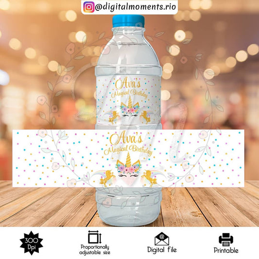 Etiqueta de botella de agua personalizada de unicornio, solo archivo digital