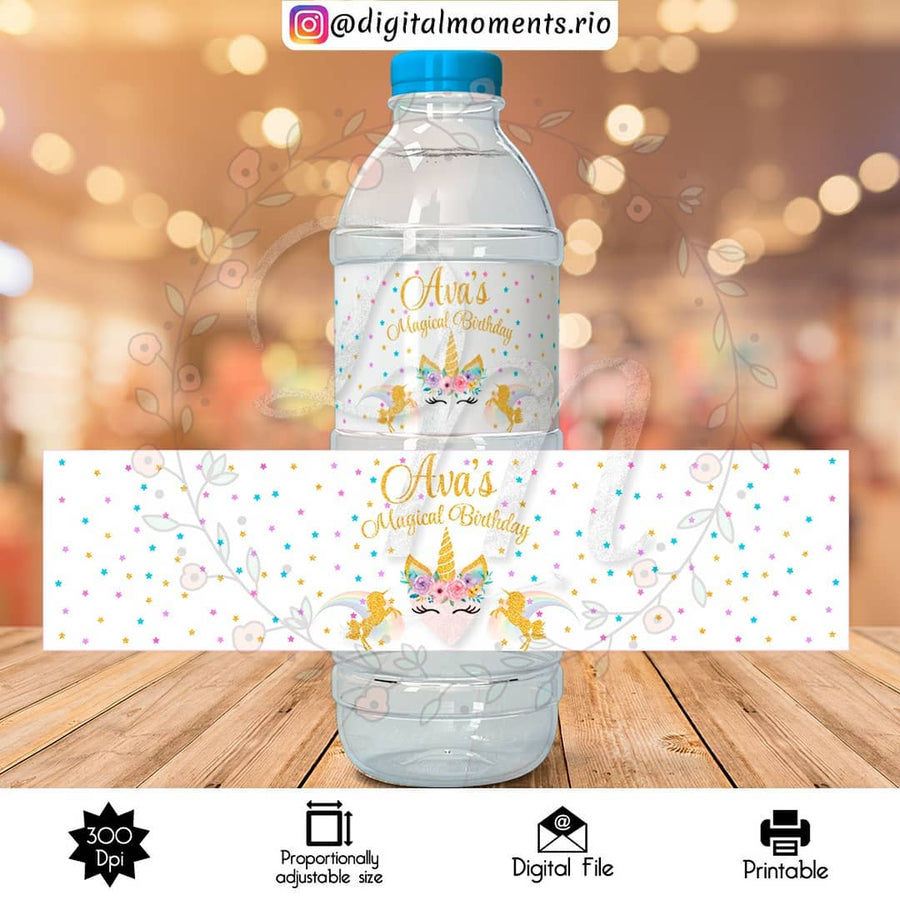 Unicorn Custom Water Bottle Label, Digital file only | Custom Digital Download for Kids Party or Event