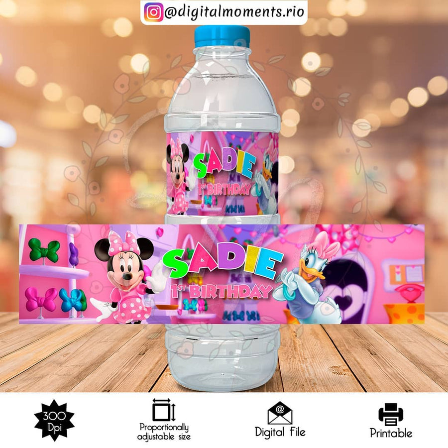 Minnie Bowtique Custom Water Bottle Label, Digital file only | Custom Digital Download for Kids Party or Event