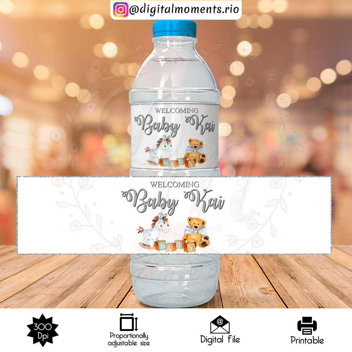 Etiqueta de botella de agua personalizada de oso de peluche, solo archivo digital