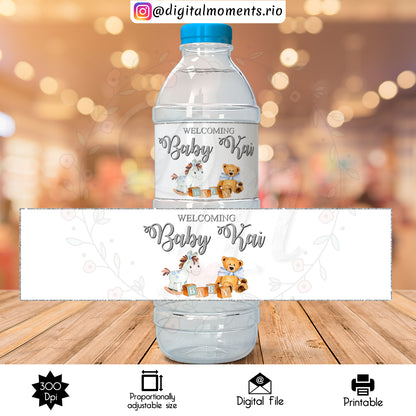 Etiqueta de botella de agua personalizada de oso de peluche, solo archivo digital